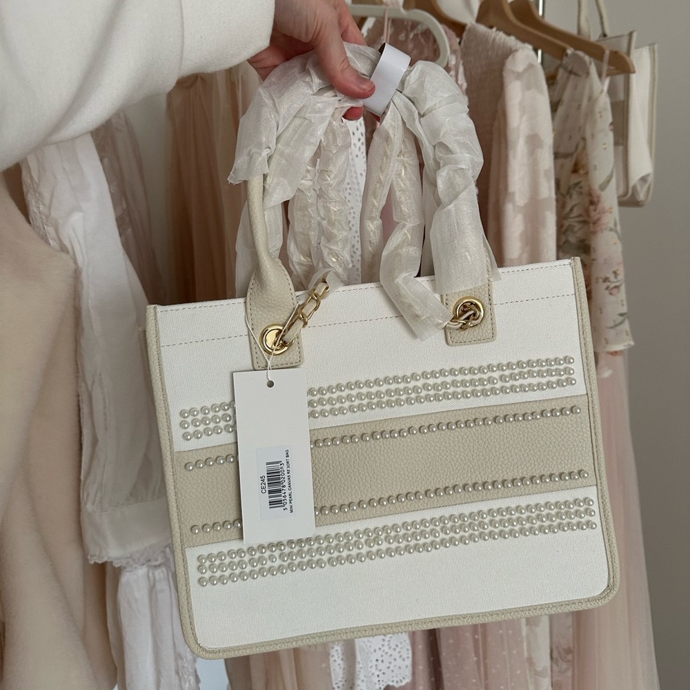 Elegant White Pearl-Trim Tote Bag